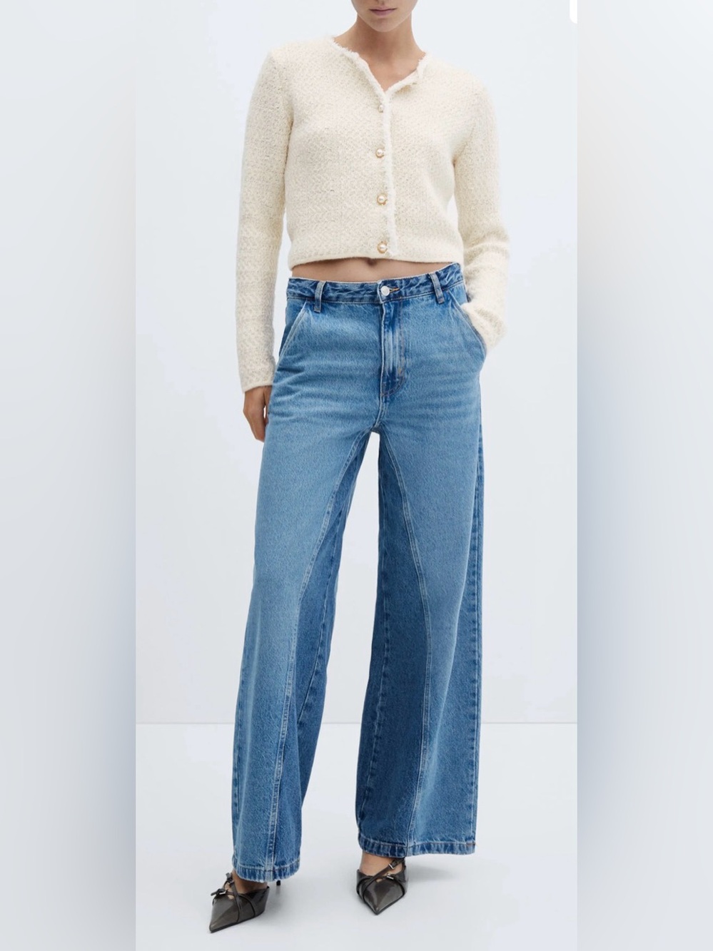 Mango Sweater Cream Bouclé Pearl-Button Cropped Cardigan Crop Winter Fall